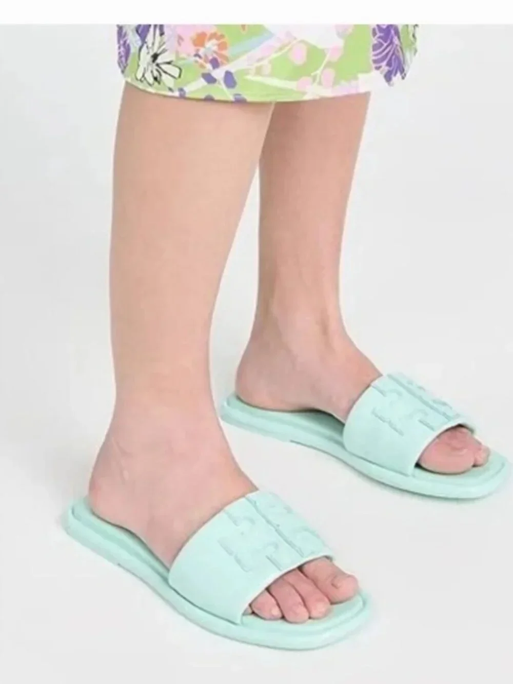 Tory Burch Double T Sport Slide Leather Sandals in Mint Green Patent